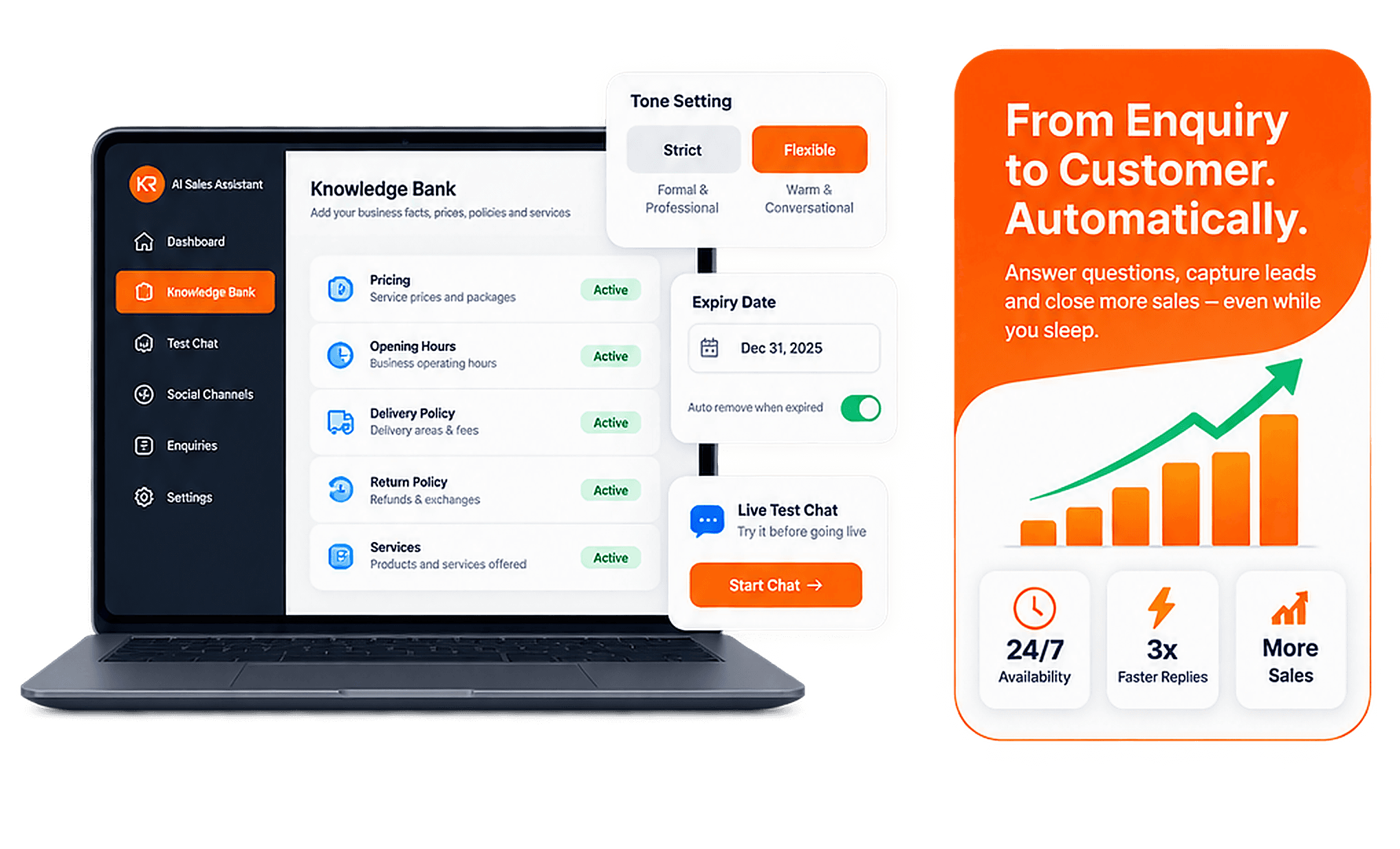 Knowledge Bank dashboard showing pricing, opening hours, delivery policy, tone setting and live test chat