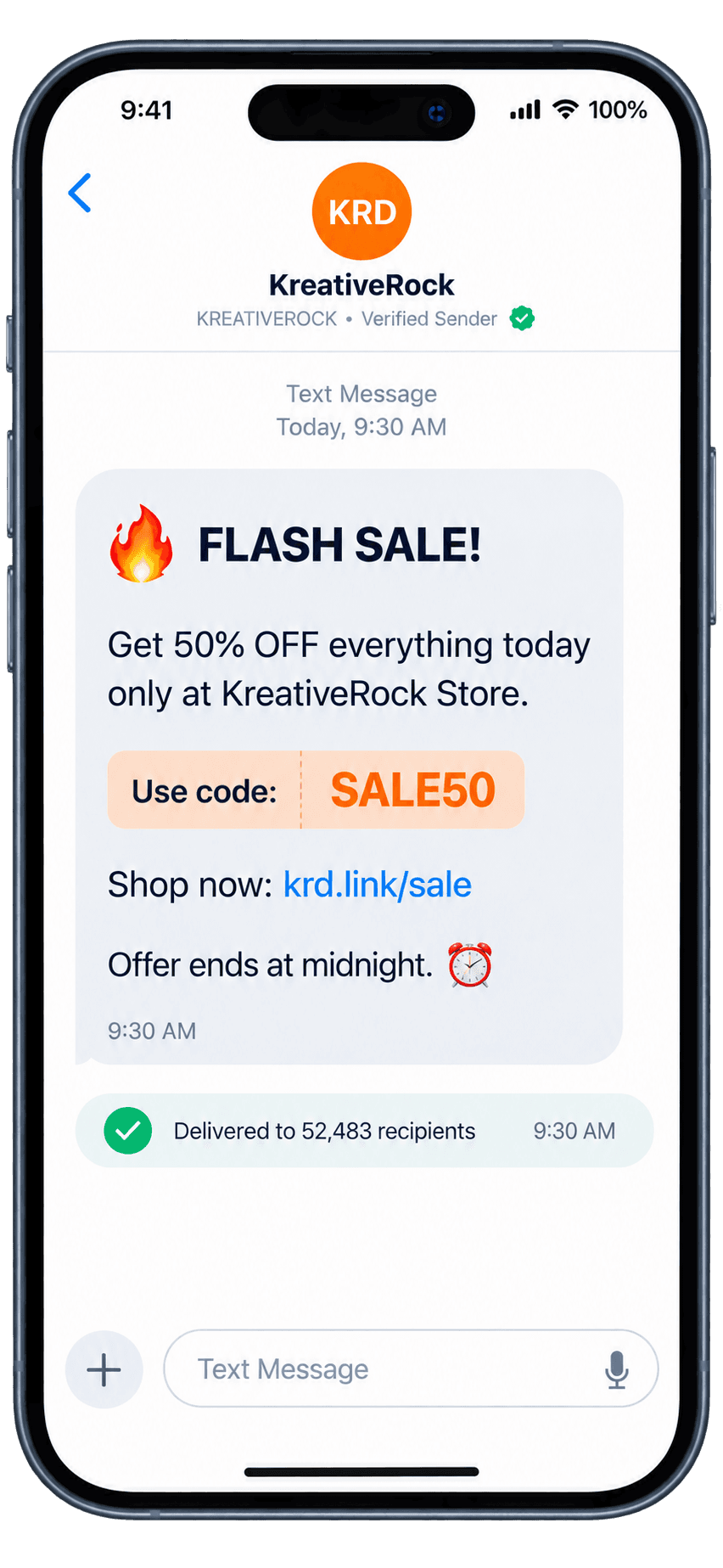 A KreativeRock promotional SMS flash sale message on a phone