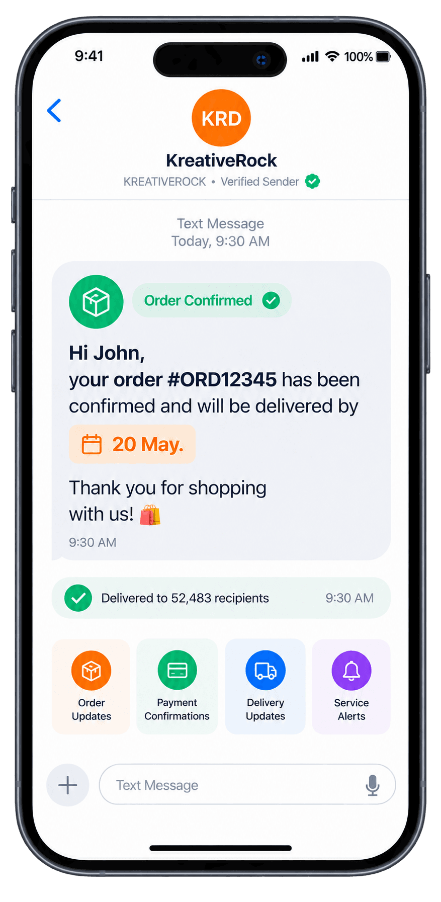 A KreativeRock transactional SMS order confirmation message on a phone