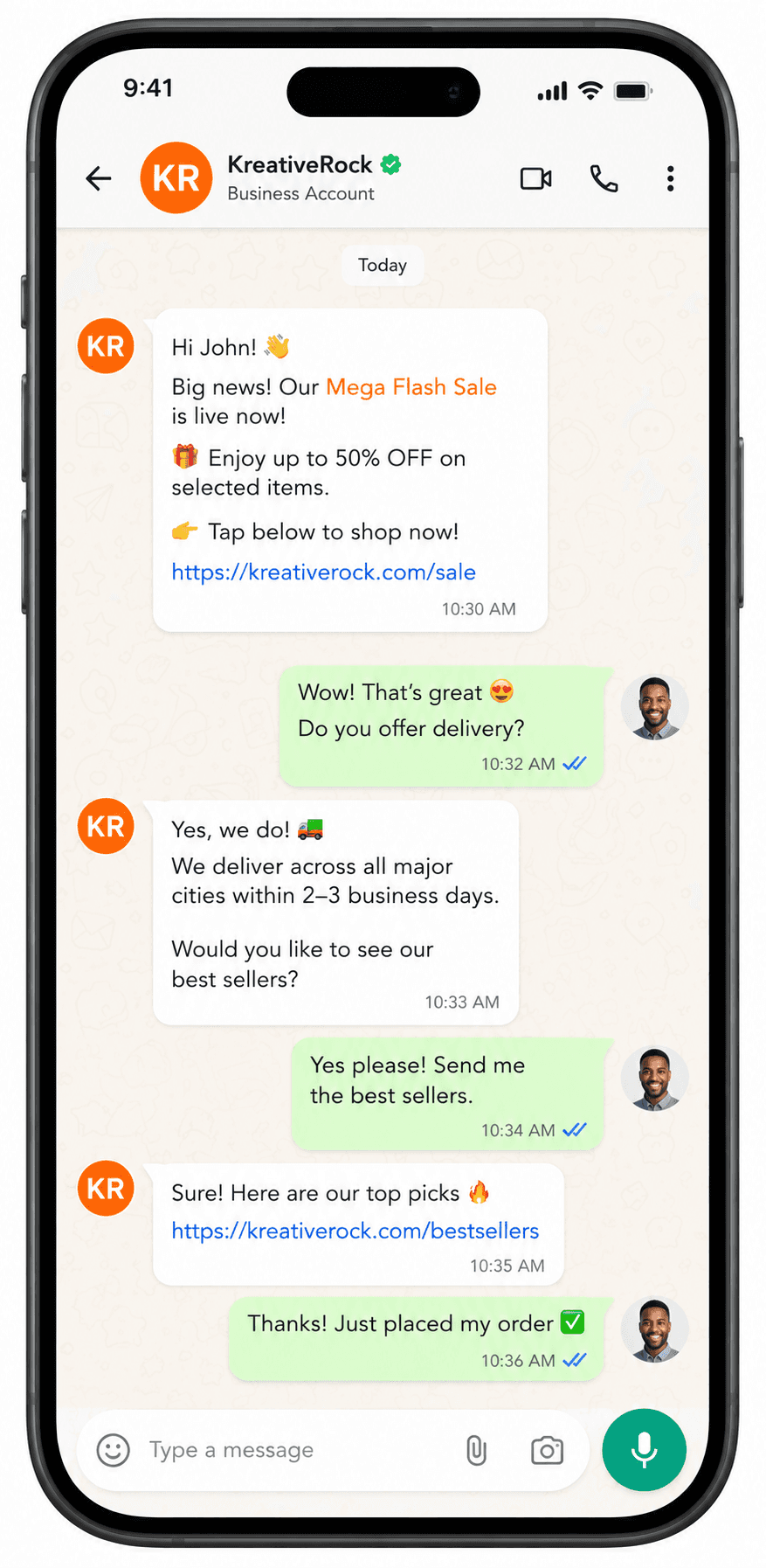 A KreativeRock WhatsApp broadcast message and customer reply