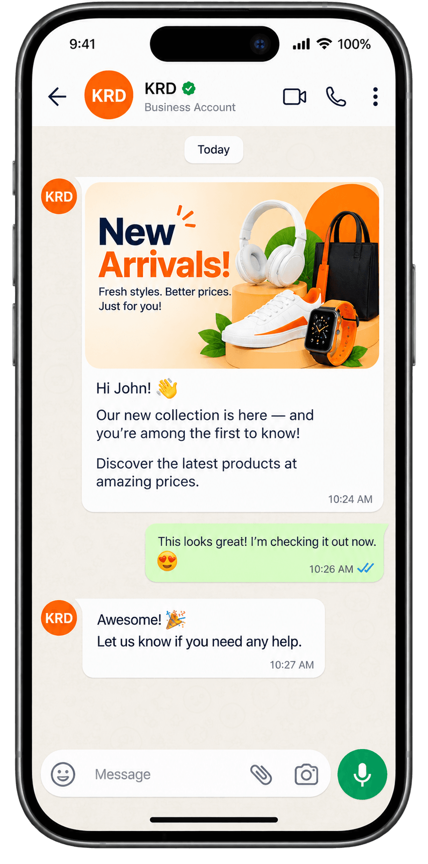 A rich KreativeRock WhatsApp broadcast message with product images