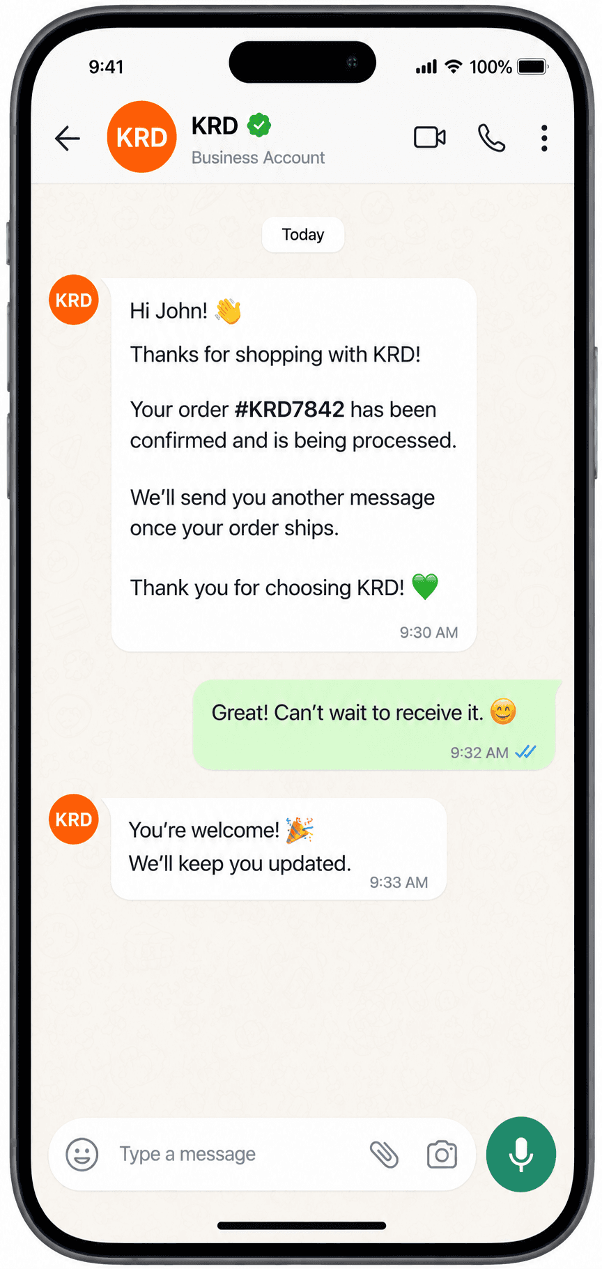 A KreativeRock WhatsApp order confirmation conversation